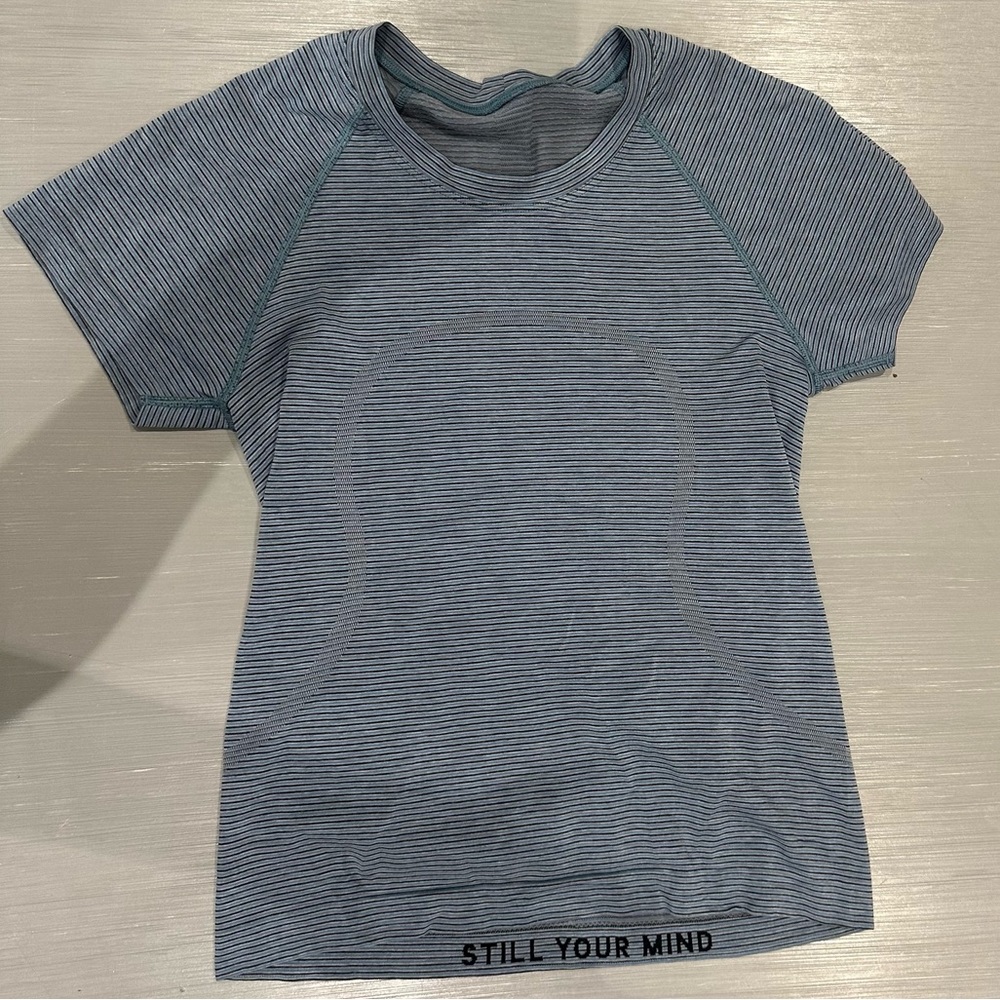 Lululemon-Blue and Black Striped Swiftly Tech Short Sleeve, Race Length - Size 6